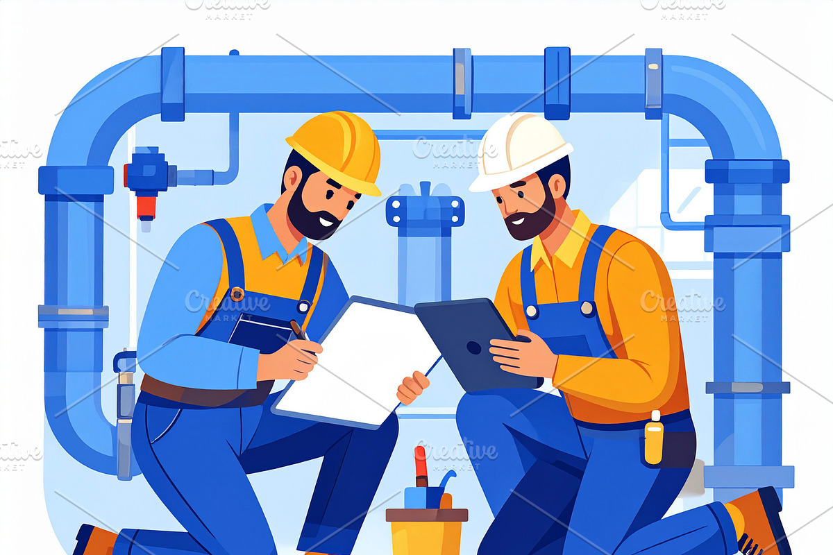 Men plumbers fixing pipes under a sink illustration, a Person Illustration by DanFLCreativo