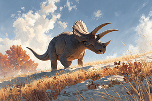 Lone dinosaur walking through golden grass under a bright sky, an Animal Photo by AlyaAnd