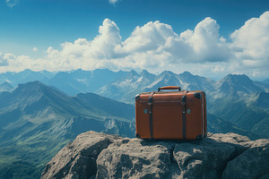 Suitcase rests atop a mountain peak, a Photo by Pavel_design