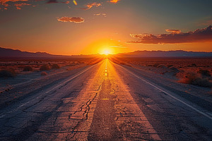 A fiery sunset over a straight road, a Photo by LOGOCREATIVE