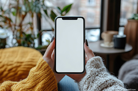 Hands holding smartphone with blank screen in cozy indoor setting, a Technology Photo by AlyaAnd