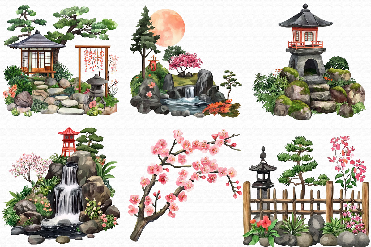 Japanese Garden Watercolor Clipart, an Illustration by Libby Wishes (Photo 6 of 7)