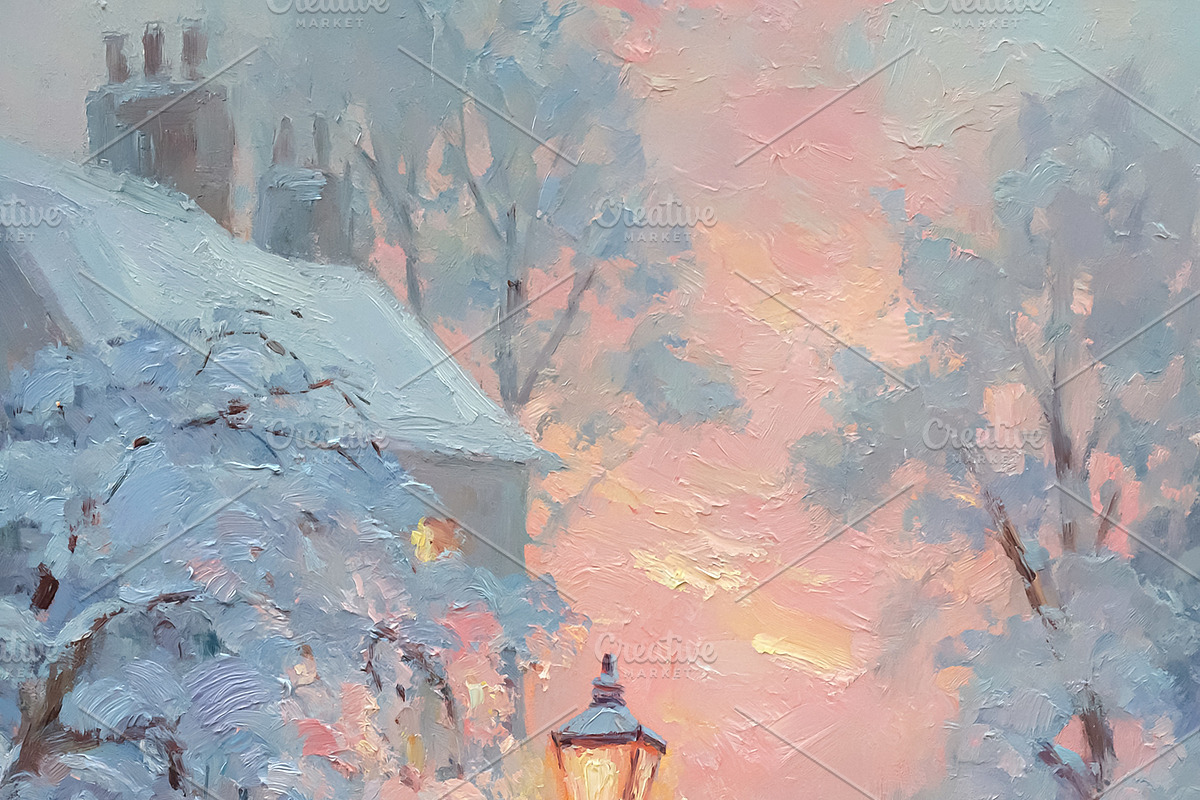 Oil painting depicting a snowy winter evening street scene with, an Illustration by Studio ANNA