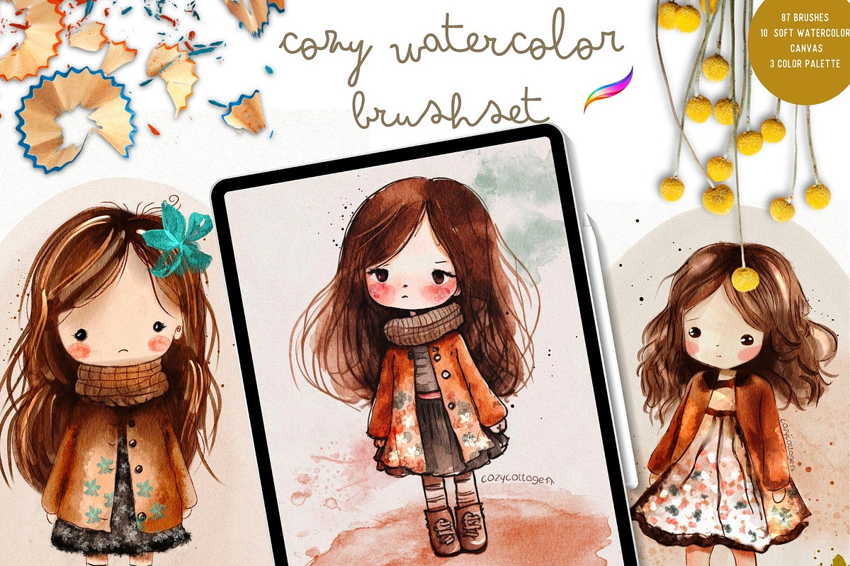 87 COZY PROCREATE WATERCOLOR BRUSHES, a Brush Add-On by Warm Cozy Cottage (Photo 1 of 13)