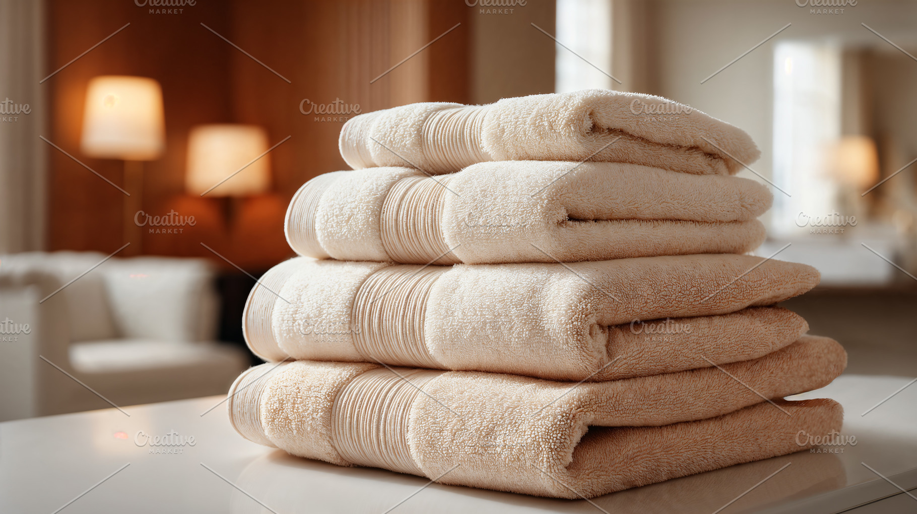 Soft towels neatly arranged in a luxurious hotel room setting, a Holiday Photo by OSORIOartist