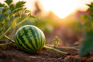 Large green watermelon ripening in an open field during sunset, a Food & Drink Photo by AlyaAnd
