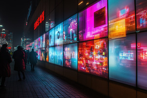 A vibrant urban scene at night featuring a wall of illuminated digital screens, an Industrial Photo by Textures & Backgrounds