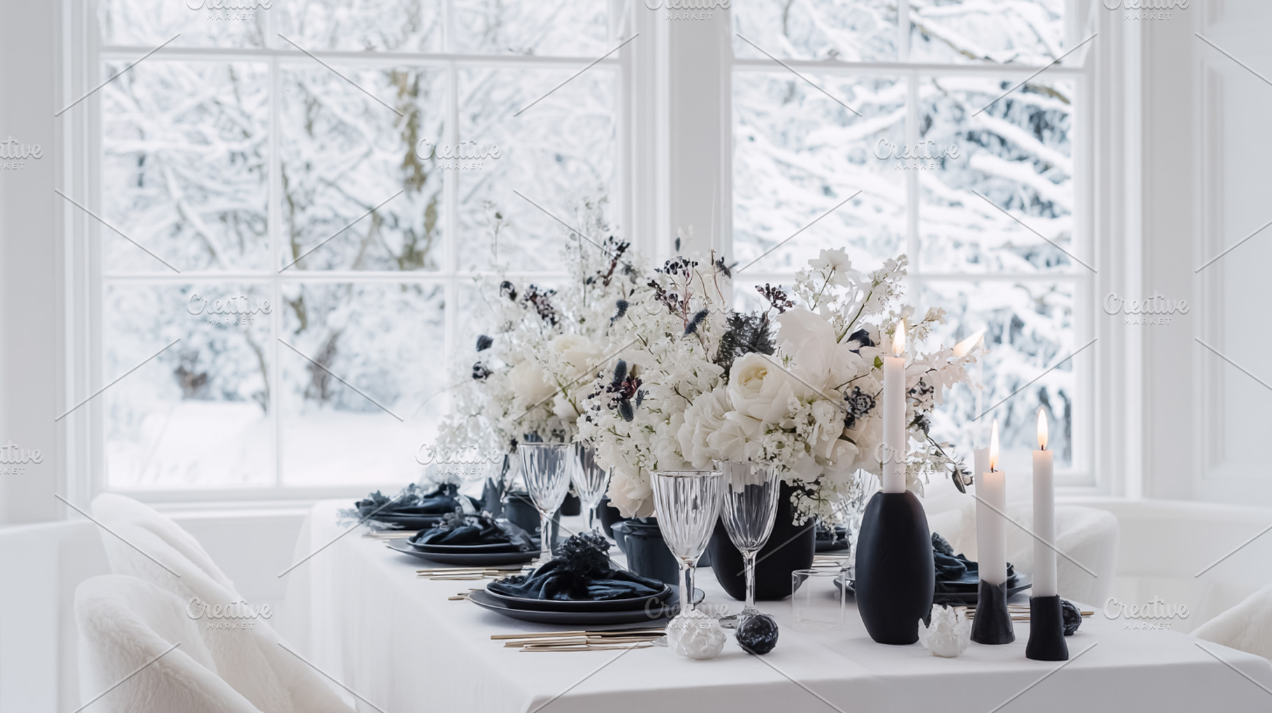 Elegant winter holiday table setting with white floral centerpie, a Photo by Studio ANNA