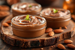 Deliciously smooth almond butter in glass jars, garnished with m, a Food & Drink Photo by ImageMir