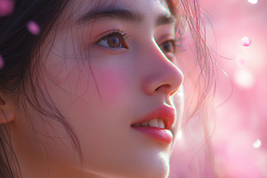 A young Asian woman gazes thoughtfully amidst a blur of pink petals, capturing, a Background Photo by ImageMir