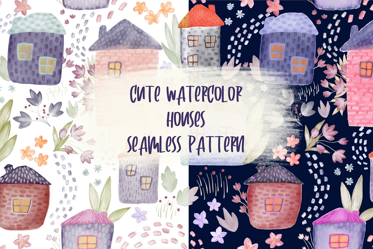 Watercolor Houses Seamless Pattern, a Pattern Graphic by CreativeJourney (Photo 1 of 4)