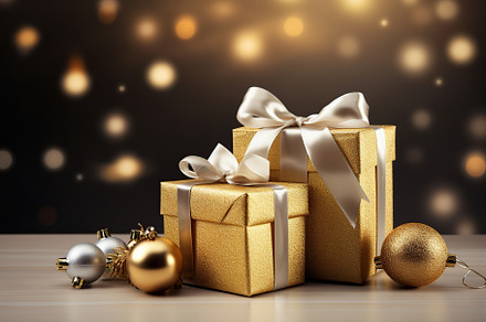Christmas gift boxes with baubles on blurred background, a Holiday Photo by AlyaAnd