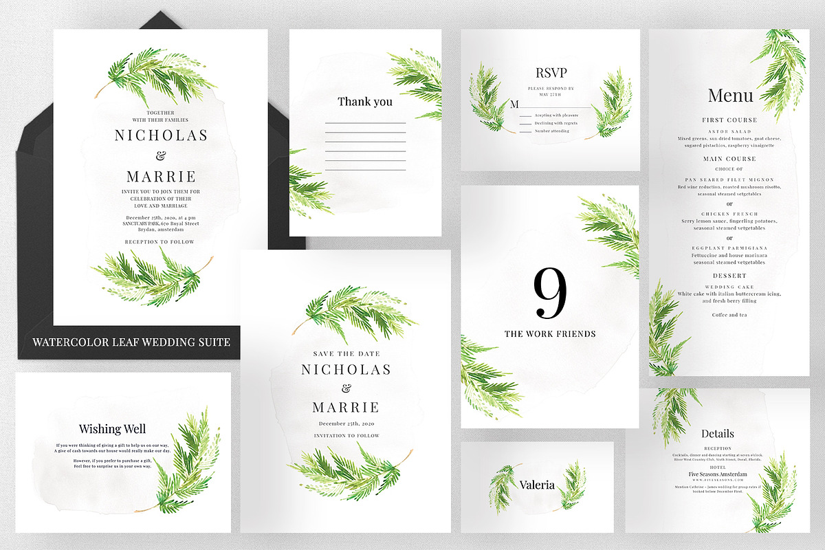 Watercolor Leaf Wedding Suite, an Invitation Template by Azka Creative (Photo 1 of 5)