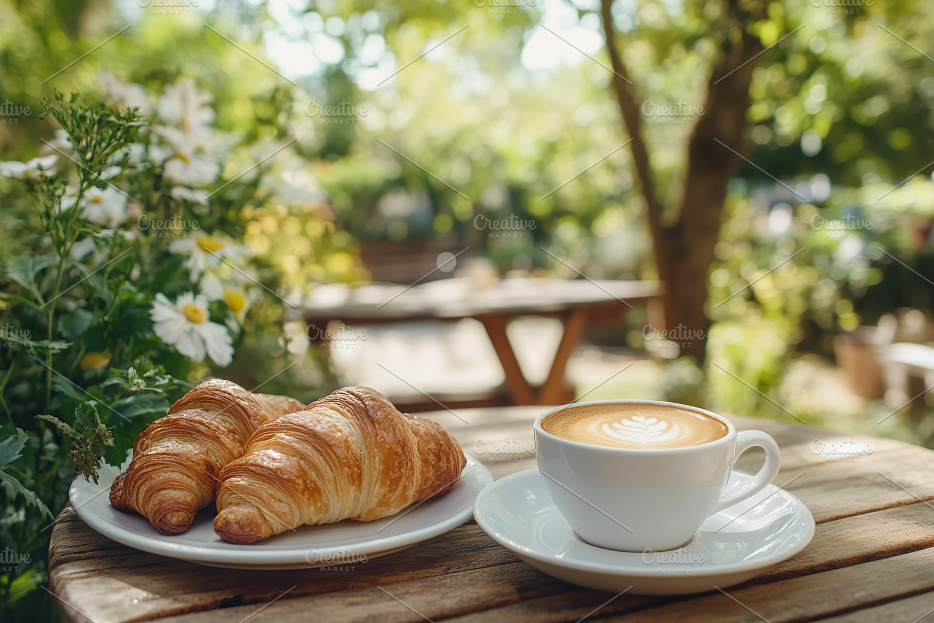 Freshly baked croissants on a white plate in a charming outdoor cafe setting, a Food & Drink Photo by AlyaAnd