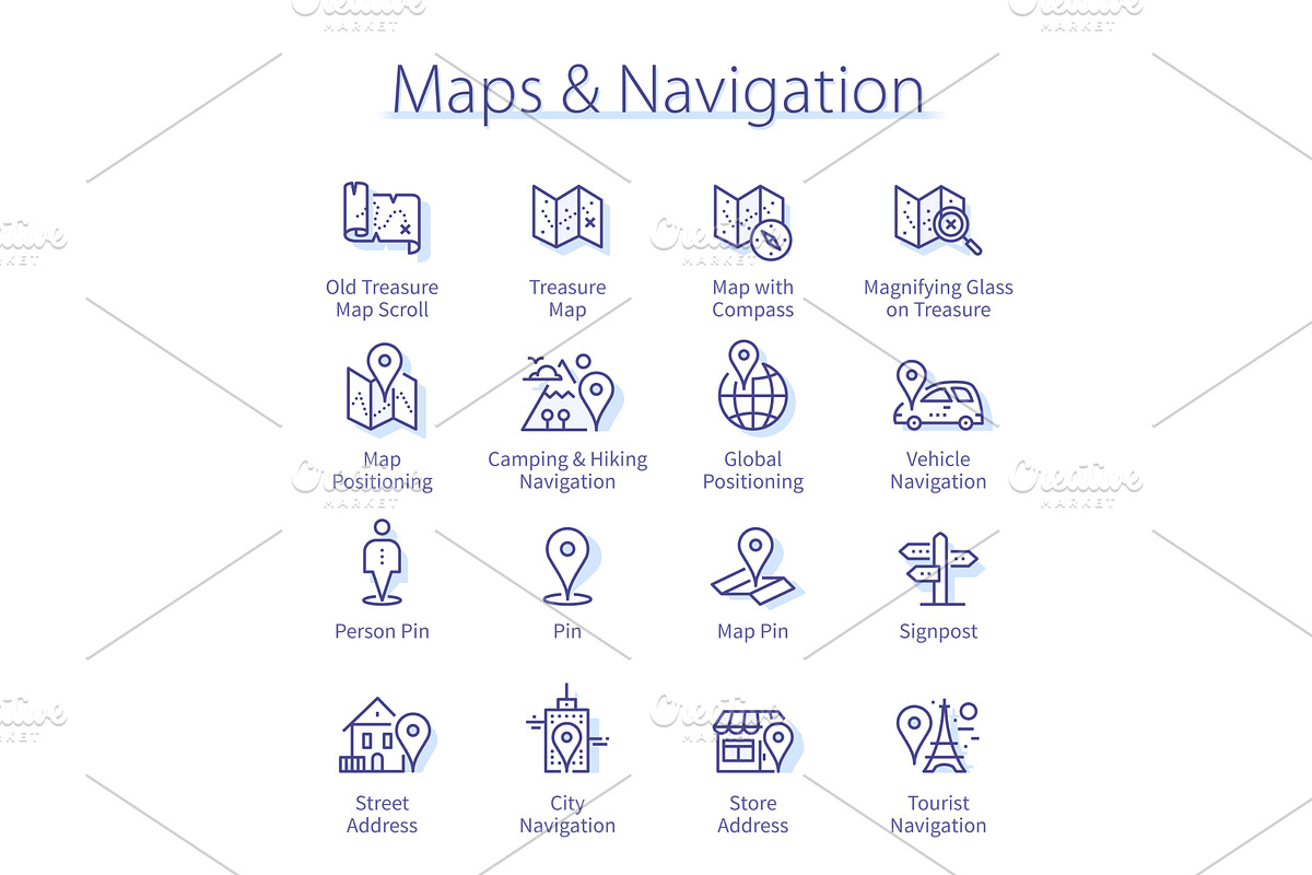 Travel maps, navigation icons pack, an Illustration by Iconicbestiary
