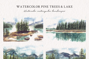 Watercolor Pine Trees & Lake