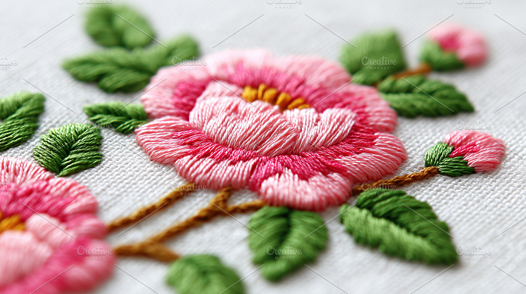 Pink embroidered roses on linen, an Arts & Entertainment Photo by MistyDay