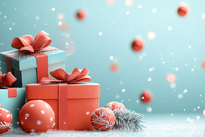 Christmas presents in snow with pine cones and ornaments, backgr, a Photo by Dvoevnore photos