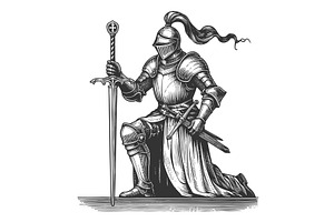 Medieval knight kneeling with sword, an Illustration by AlexArt