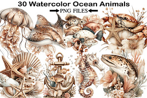 Watercolor Ocean Animals Clipart, an Illustration by Black Bird Studio