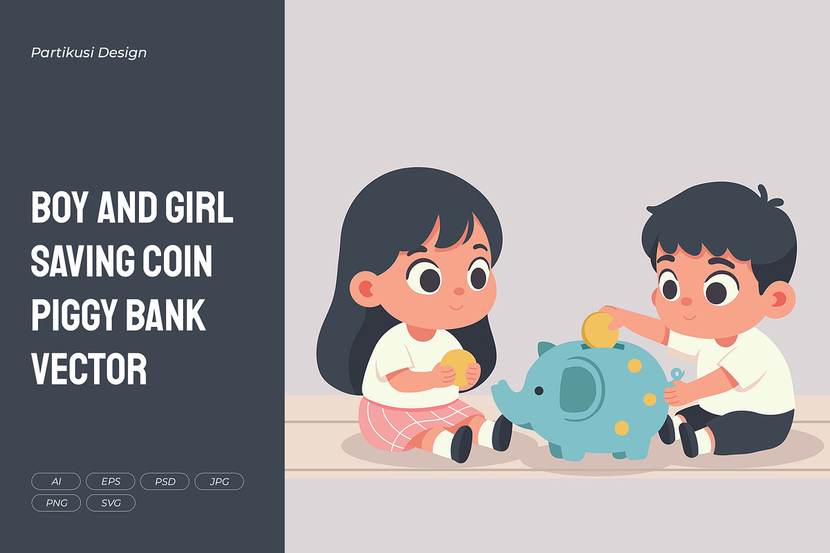 Boy and Girl Saving Coin Piggy Bank, a Finance Illustration by Partikusi Design (Photo 1 of 3)