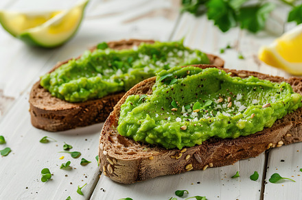 Toast breads with avocado puree on wooden table. Vegetarian food., a Food & Drink Photo by AlyaAnd