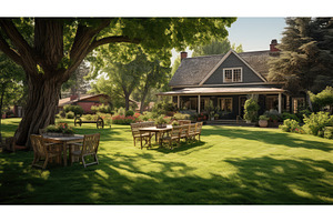 rustic house and lawn ai generated, a Nature Photo by pikepicture