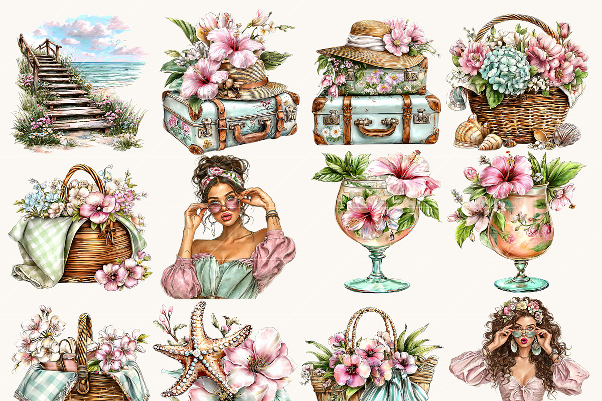 Orchid Beach Summer Clipart, a Seasonal Illustration by BusyDaydesign (Photo 2 of 9)