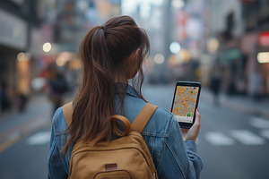 A young Asian woman holding a smartphone while looking at a city map in a bustl, a Person Photo by ImageMir