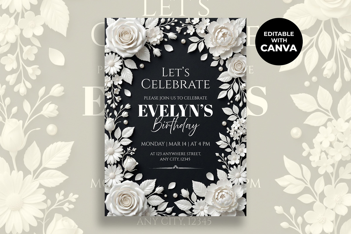 Black White Floral Birthday Invitat, an Invitation Template by M9 Design (Photo 1 of 4)