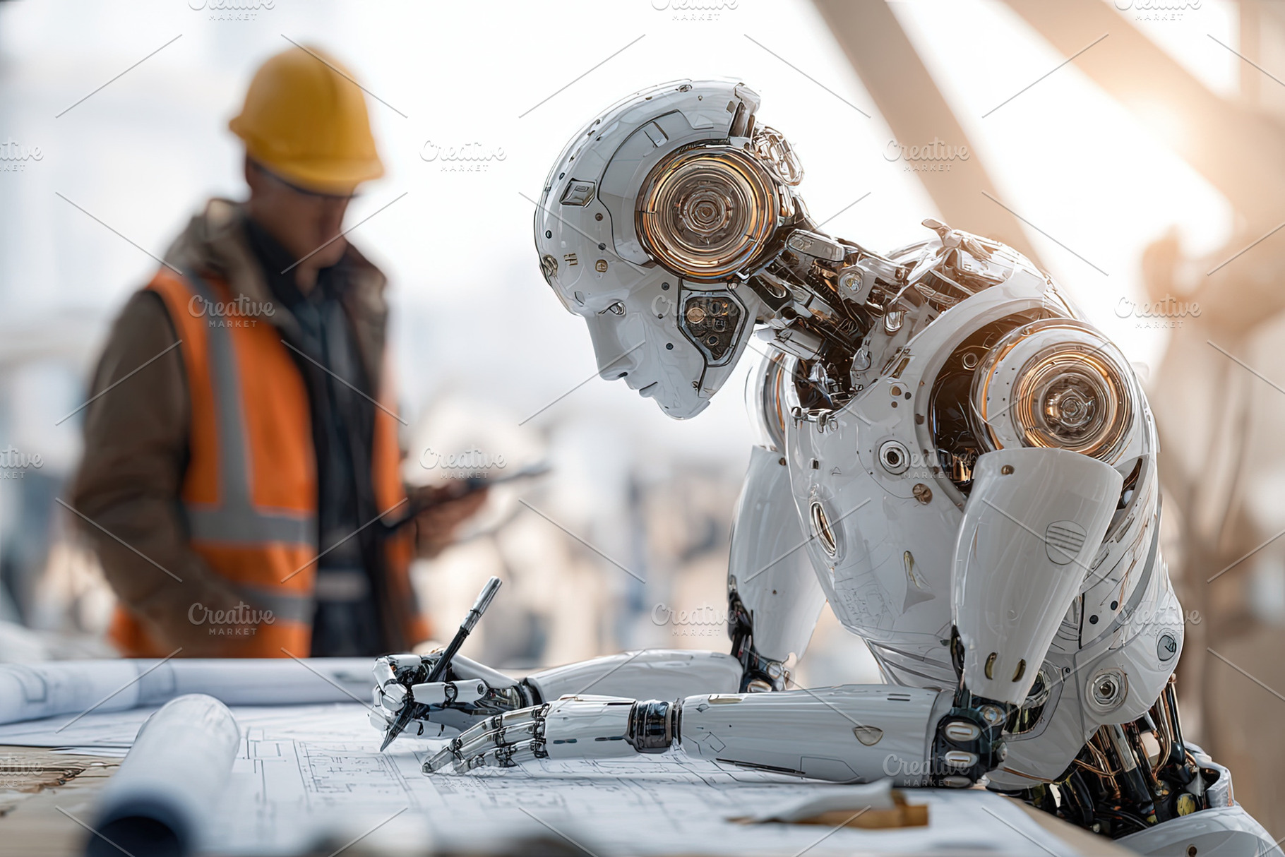 Futuristic robot working on architectural blueprints in a modern, a Photo by Ales Munt