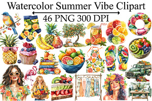 Watercolor Summer Vibe Clipart, an Illustration by Design Market