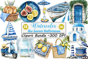 Blue Summer Mediterranean Clipart, an Illustration by DreamCafeArt