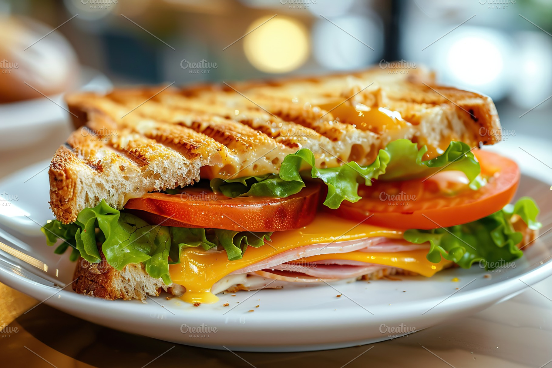 Toast sandwich with cheese, turkey ham, tomato and fresh lettuce on blurred caf, a Food & Drink Photo by AlyaAnd