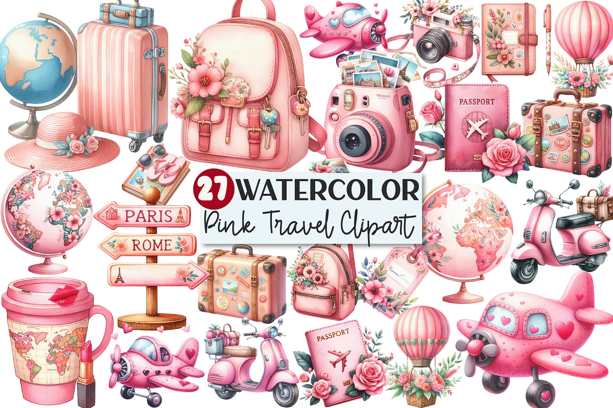 Watercolor Pink Travel clipart, an Illustration by Rose Art (Photo 1 of 3)