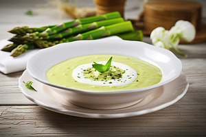 Asparagus cream soup in plate, a Food & Drink Photo by AlyaAnd