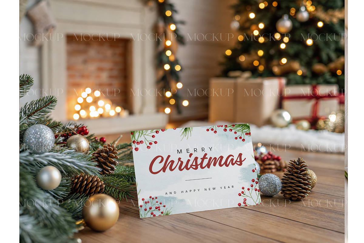 Festive 5x7 Card Among Pine Cones, a Product Mockup by MockupWizard (Photo 2 of 3)