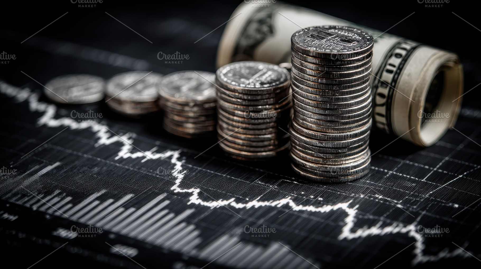 Coin stacks and dollar bills on stoc, a Photo by Pixeness Studio