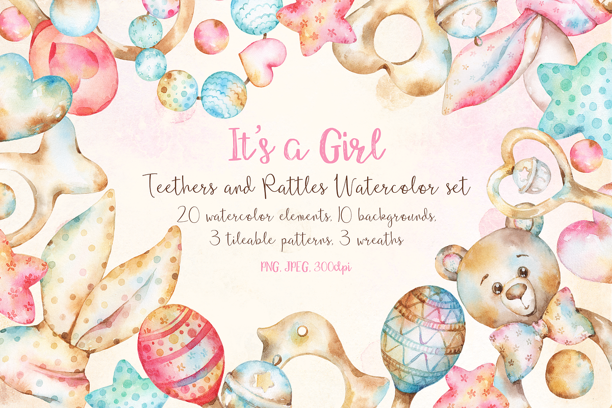 Baby girl teethers and rattles set, an Illustration by Tatiana Troian (Photo 1 of 6)