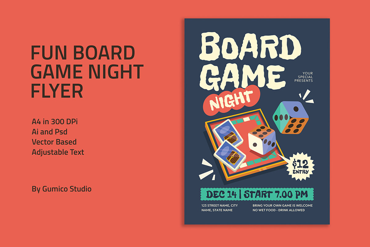 Fun Board Game Night Flyer, a Flyer Template by Gumico Studio. (Photo 1 of 3)