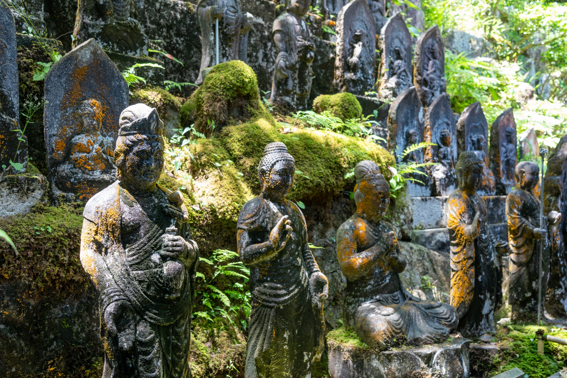 Buddhist statue group at Mitaki-Dera temple in Hiroshima, Japan, an ...