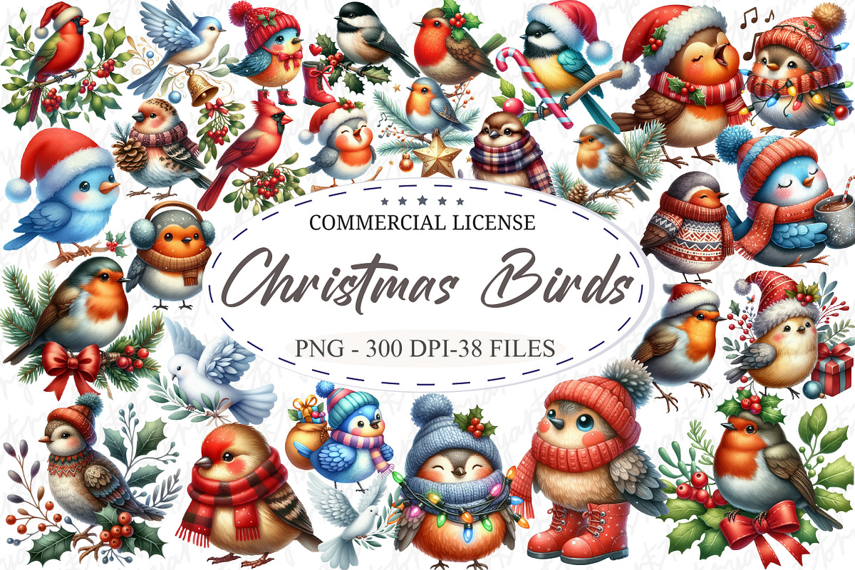 Whimsical Christmas Birds Clipart, an Illustration by designcity5 (Photo 1 of 5)