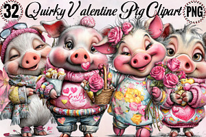 Quirky Valentine Pig Clipart, an Illustration by SVGArt