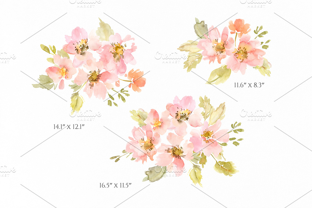 Watercolor Pink Flowers Green Leaves, an Illustration by GraphicsDish (Photo 3 of 4)