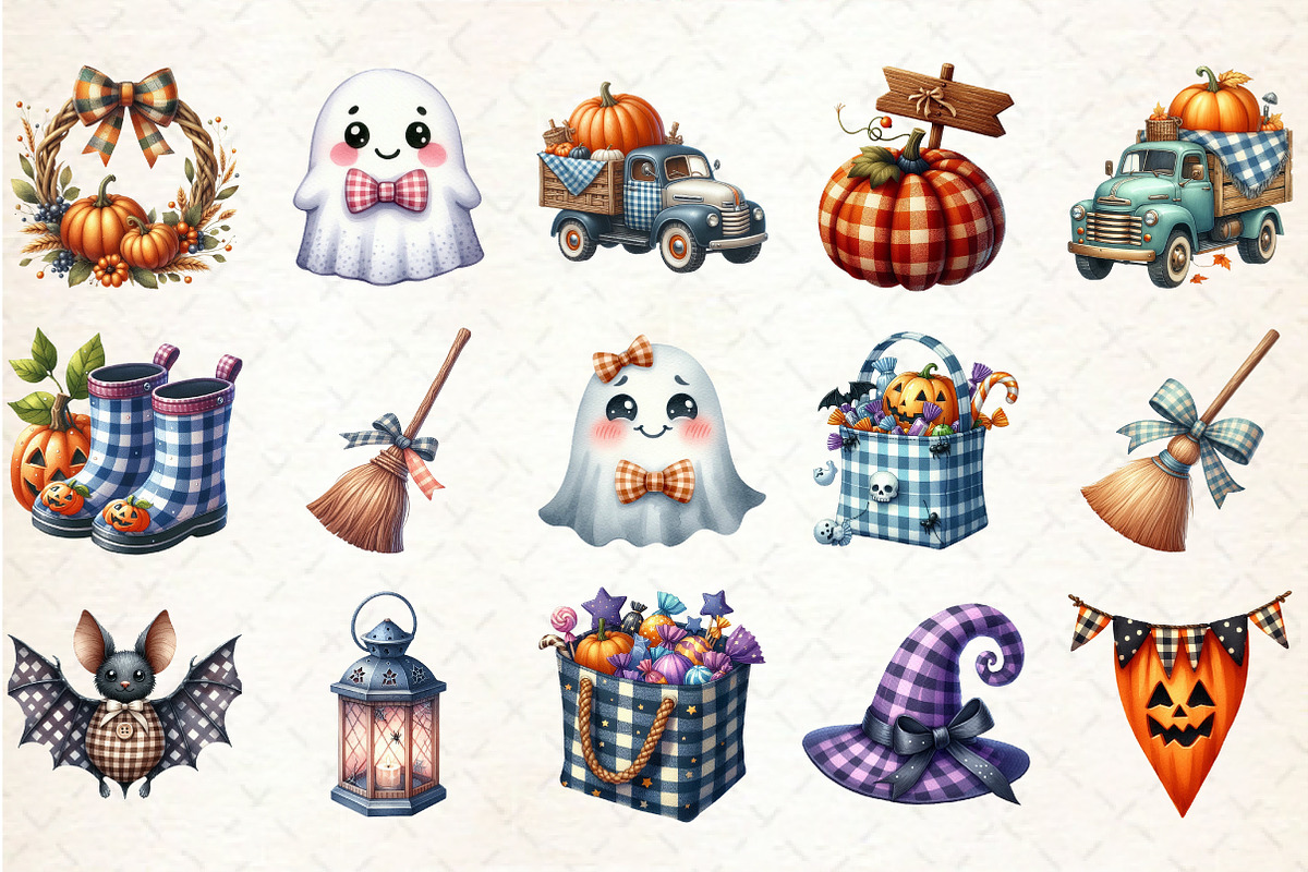 Watercolor Gingham Halloween Clipart, an Illustration by Rose Art (Photo 2 of 7)