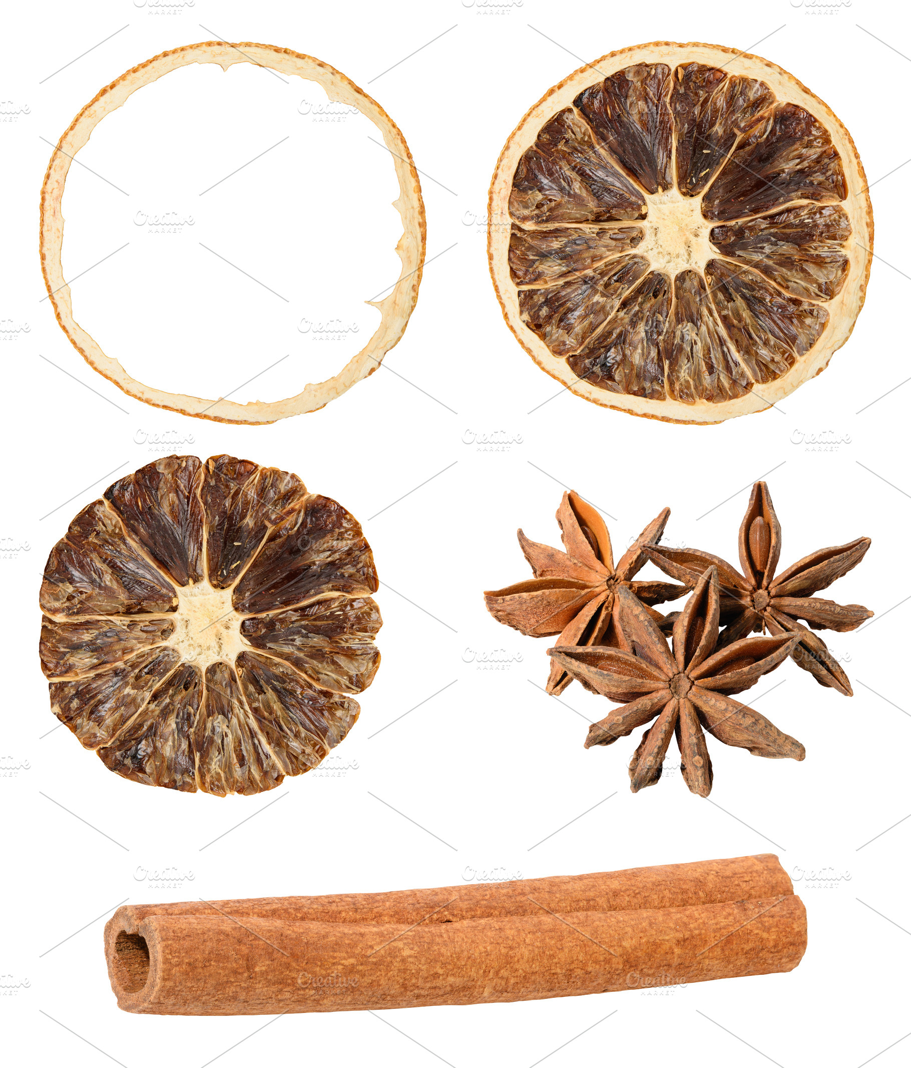A collection of various spices and dried citrus, dried orange  s, a Food & Drink Photo by ndanko