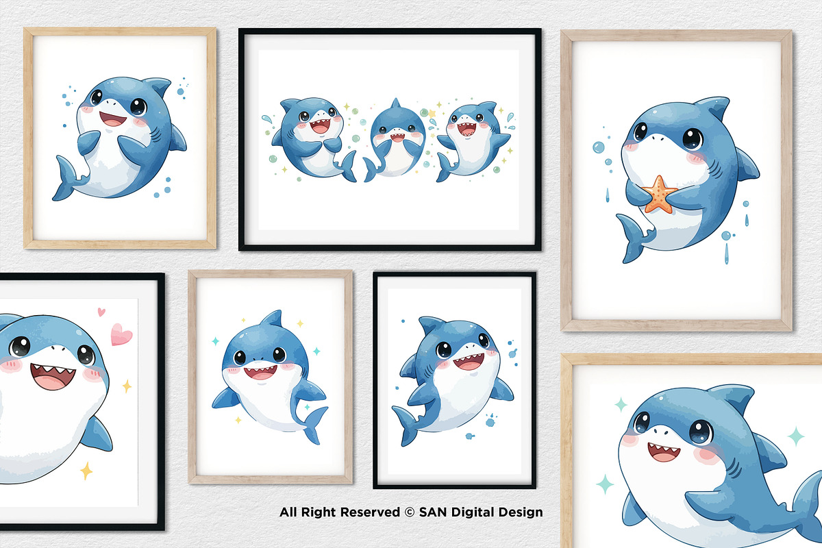 15 Bundle Watercolor Cute Shark Sea, an Animal Illustration by Morspective (Photo 4 of 8)