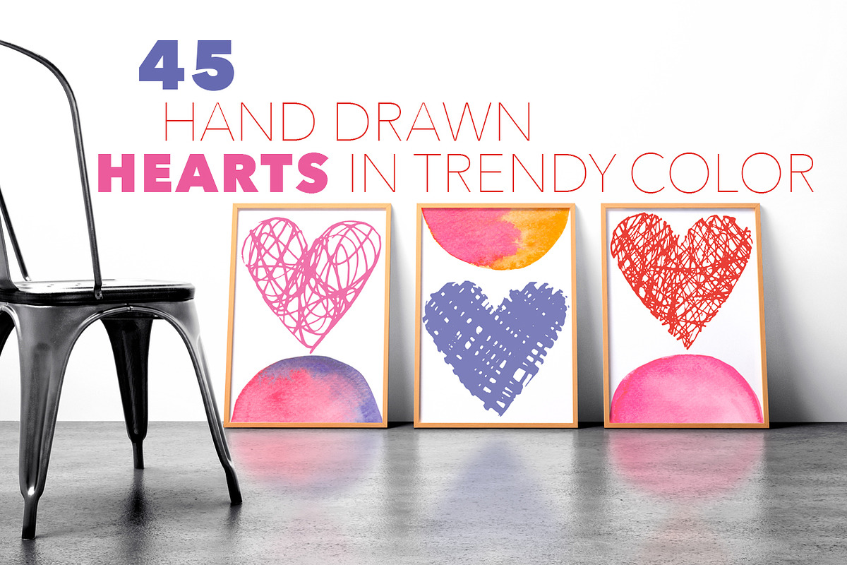 45 Hand drawn hearts in trendy color, a Decorative Illustration by guylaine's design (Photo 1 of 4)
