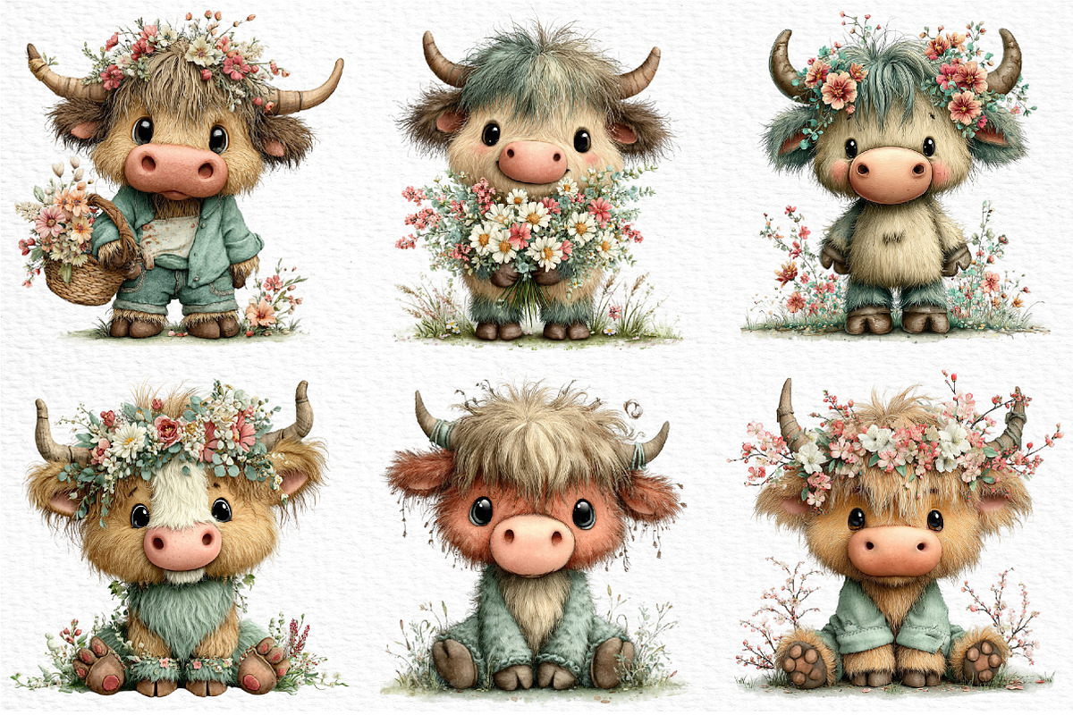 Whimsical Spring Highland Cow PNG, an Illustration by Craft Nest (Photo 4 of 11)
