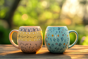 Colorful ceramic mugs on blurred green nature background, a Food & Drink Photo by AlyaAnd
